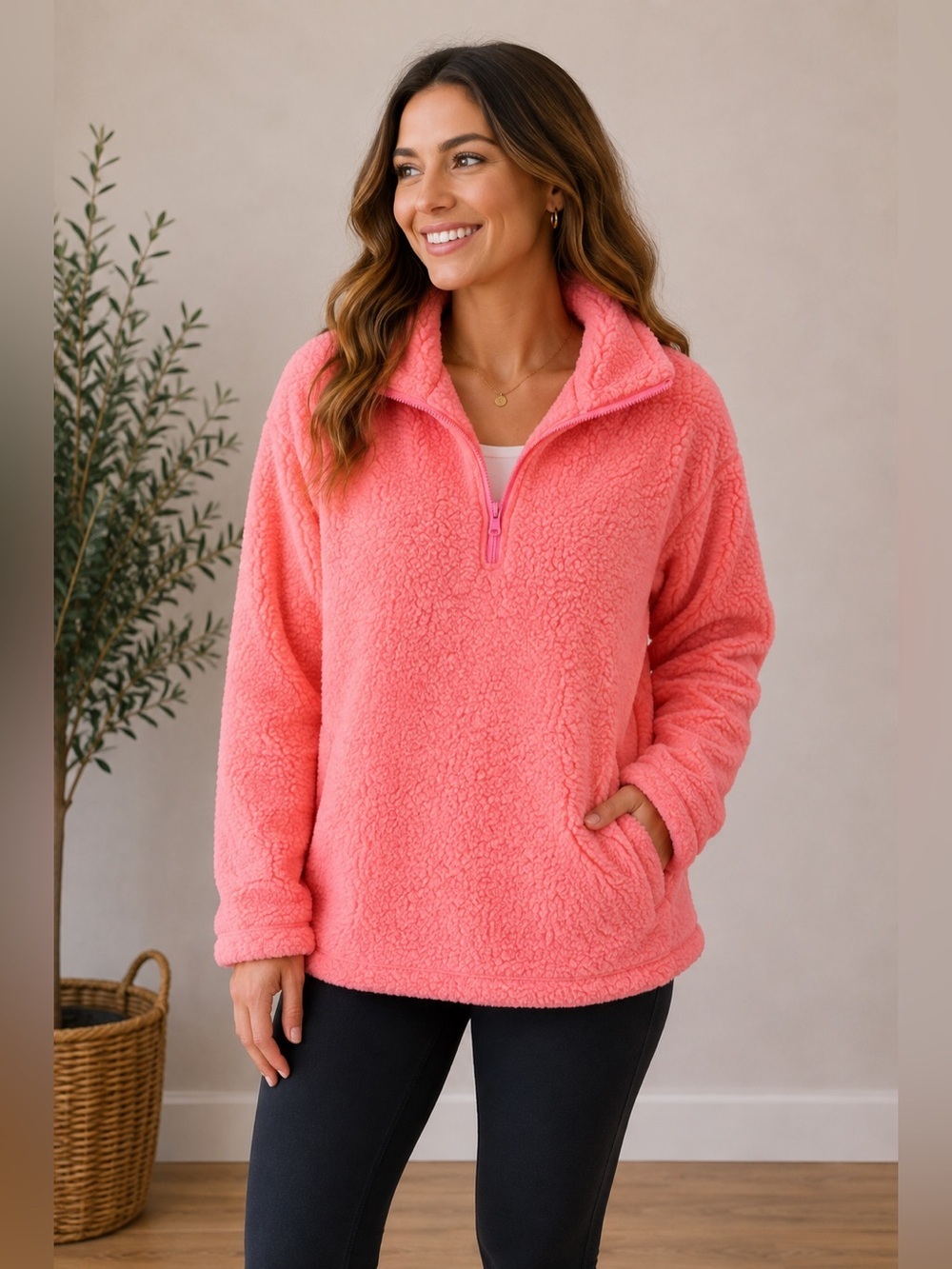 Women's Zenana Half Zip Sherpa Pullover Large New
